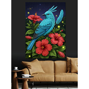 Kırmızı Çiçekler Ve  Mavi Kuş Dekoratif Kanvas - Mdf Ahşap Tablo 50x70 cm