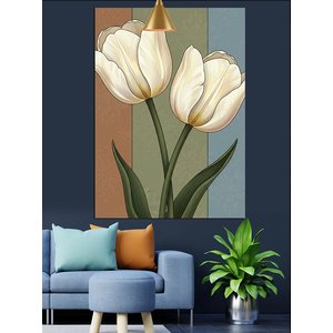Beyaz Lale Çiçekleri Resmi Dekoratif Kanvas - Mdf Ahşap Tablo 70x100 cm