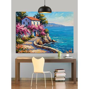 Deniz Kenarı Çiçekli Evler Dekoratif Kanvas - Mdf Ahşap Tablo 50x70 cm