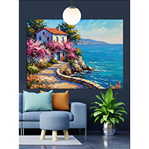 Deniz Kenarı Çiçekli Evler Dekoratif Kanvas - Mdf Ahşap Tablo 50x70 cm