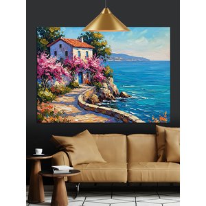Deniz Kenarı Çiçekli Evler Dekoratif Kanvas - Mdf Ahşap Tablo 50x70 cm