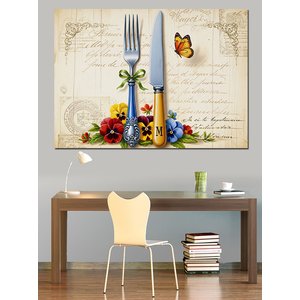 Çatal Bıçak Ve Çiçekler Romantik Görsel Dekoratif Kanvas - Mdf Ahşap Tablo 70x100 cm