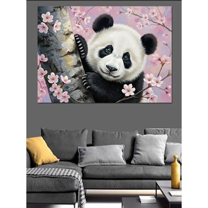 Pembe Kiraz Çiçekleri Arasında Sevimli Panda Dekoratif Kanvas - Mdf Ahşap Tablo 100x140 cm