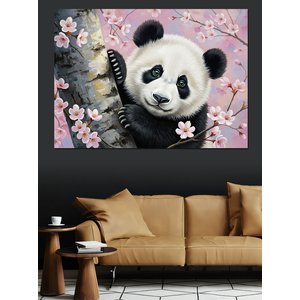 Pembe Kiraz Çiçekleri Arasında Sevimli Panda Dekoratif Kanvas - Mdf Ahşap Tablo 100x140 cm