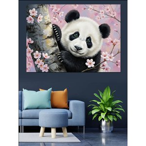 Pembe Kiraz Çiçekleri Arasında Sevimli Panda Dekoratif Kanvas - Mdf Ahşap Tablo 100x140 cm