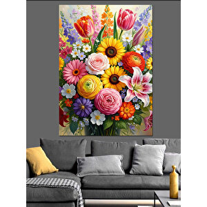 Rengarenk Çiçeklerden Bahar Buketi Dekoratif Kanvas - Mdf Ahşap Tablo 50x70 cm
