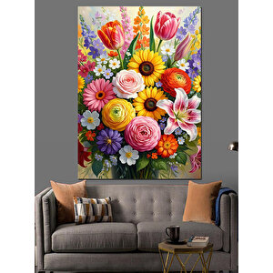 Rengarenk Çiçeklerden Bahar Buketi Dekoratif Kanvas - Mdf Ahşap Tablo 50x70 cm