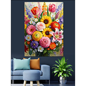Rengarenk Çiçeklerden Bahar Buketi Dekoratif Kanvas - Mdf Ahşap Tablo 50x70 cm