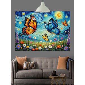 Çiçekli Tarlada Uçan Kelebekler Dekoratif Kanvas - Mdf Ahşap Tablo 50x70 cm