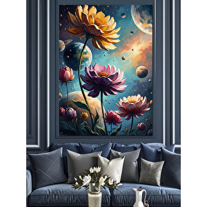 Uzayda Açan Renkli Çiçekler Dekoratif Kanvas - Mdf Ahşap Tablo 100x140 cm