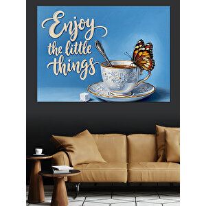Mavi Fon Çiçek Desenli Kahve Fincanı Ve  Kelebek "enjoy Little Things" Dekoratif Kanvas - Mdf Ahşap Tablo 35x50 cm