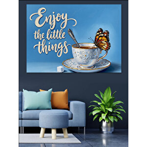 Mavi Fon Çiçek Desenli Kahve Fincanı Ve  Kelebek "enjoy Little Things" Dekoratif Kanvas - Mdf Ahşap Tablo 35x50 cm