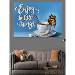 Mavi Fon Çiçek Desenli Kahve Fincanı Ve  Kelebek "enjoy Little Things" Dekoratif Kanvas - Mdf Ahşap Tablo 35x50 cm