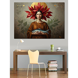 Çiçek Taçlı Balık Tutan Kadın Portresi Dekoratif Kanvas - Mdf Ahşap Tablo 35x50 cm