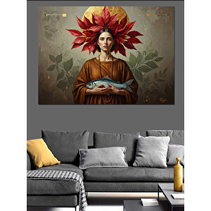 Çiçek Taçlı Balık Tutan Kadın Portresi Dekoratif Kanvas - Mdf Ahşap Tablo 35x50 cm