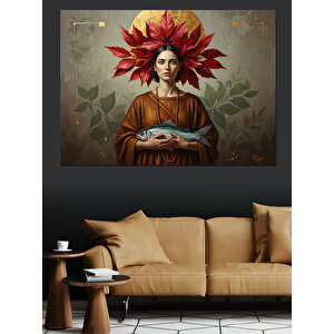 Çiçek Taçlı Balık Tutan Kadın Portresi Dekoratif Kanvas - Mdf Ahşap Tablo 35x50 cm