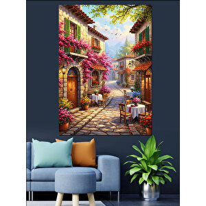 Çiçekli Sokak Yolu Manzarası Dekoratif Kanvas - Mdf Ahşap Tablo 50x70 cm