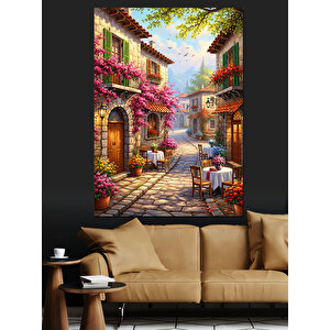 Çiçekli Sokak Yolu Manzarası Dekoratif Kanvas - Mdf Ahşap Tablo 50x70 cm