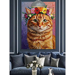 Sevimli Turuncu Kedi Ve Çiçekli Şapkası Dekoratif Kanvas - Mdf Ahşap Tablo 25x35 cm
