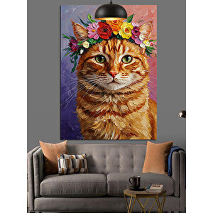 Sevimli Turuncu Kedi Ve Çiçekli Şapkası Dekoratif Kanvas - Mdf Ahşap Tablo 25x35 cm
