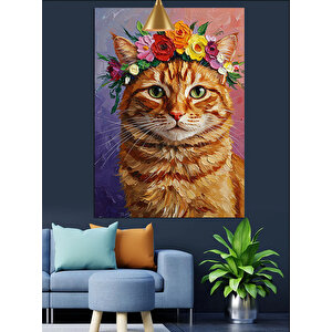 Sevimli Turuncu Kedi Ve Çiçekli Şapkası Dekoratif Kanvas - Mdf Ahşap Tablo 25x35 cm