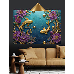 Balıklar Altın Işık Ve Çiçekler Dekoratif Kanvas - Mdf Ahşap Tablo 100x140 cm