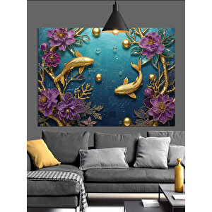 Balıklar Altın Işık Ve Çiçekler Dekoratif Kanvas - Mdf Ahşap Tablo 100x140 cm