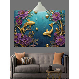 Balıklar Altın Işık Ve Çiçekler Dekoratif Kanvas - Mdf Ahşap Tablo 100x140 cm