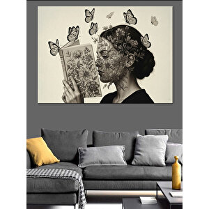 Siyah Beyaz Kitap Okuyan Kadın Profili Çiçek Ve Kelebek Detaylı Dekoratif Kanvas - Mdf Ahşap Tablo 50x70 cm