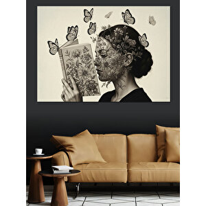 Siyah Beyaz Kitap Okuyan Kadın Profili Çiçek Ve Kelebek Detaylı Dekoratif Kanvas - Mdf Ahşap Tablo 50x70 cm