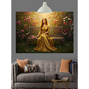 Altın Sarısı Elbiseli Kadın Çiçeklerle Dekoratif Kanvas - Mdf Ahşap Tablo 35x50 cm