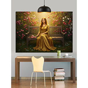 Altın Sarısı Elbiseli Kadın Çiçeklerle Dekoratif Kanvas - Mdf Ahşap Tablo 35x50 cm