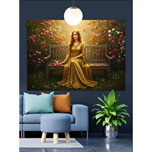 Altın Sarısı Elbiseli Kadın Çiçeklerle Dekoratif Kanvas - Mdf Ahşap Tablo 35x50 cm