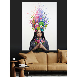 Renkli Boyalarla Saçılı Çiçekli Kadın Dekoratif Kanvas - Mdf Ahşap Tablo 50x70 cm