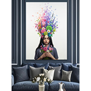 Renkli Boyalarla Saçılı Çiçekli Kadın Dekoratif Kanvas - Mdf Ahşap Tablo 50x70 cm