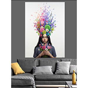 Renkli Boyalarla Saçılı Çiçekli Kadın Dekoratif Kanvas - Mdf Ahşap Tablo 50x70 cm