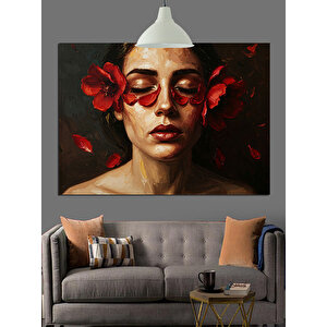 Kırmızı Çiçekli Süslü Kadın Portresi Dekoratif Kanvas - Mdf Ahşap Tablo 35x50 cm