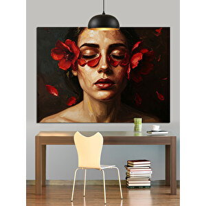Kırmızı Çiçekli Süslü Kadın Portresi Dekoratif Kanvas - Mdf Ahşap Tablo 35x50 cm
