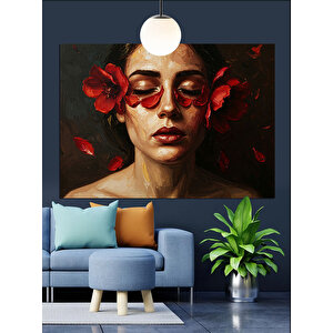 Kırmızı Çiçekli Süslü Kadın Portresi Dekoratif Kanvas - Mdf Ahşap Tablo 35x50 cm