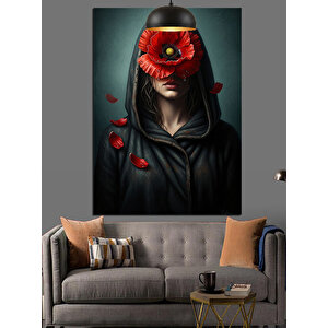 Kapüşonlu Adam Kırmızı Çiçekli Yüz Dekoratif Kanvas - Mdf Ahşap Tablo 100x140 cm