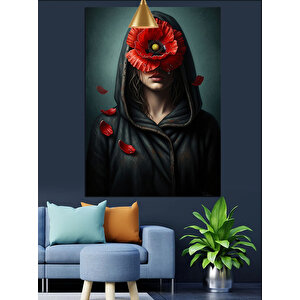 Kapüşonlu Adam Kırmızı Çiçekli Yüz Dekoratif Kanvas - Mdf Ahşap Tablo 100x140 cm