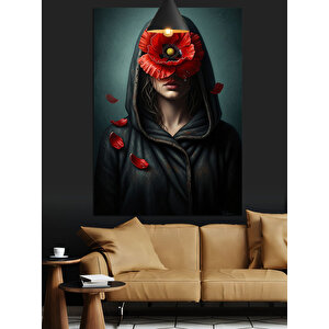 Kapüşonlu Adam Kırmızı Çiçekli Yüz Dekoratif Kanvas - Mdf Ahşap Tablo 100x140 cm