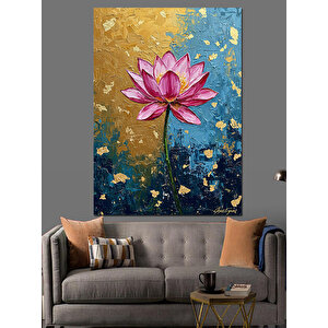 Çiçekli Lotus Mavi Desen Dekoratif Kanvas - Mdf Ahşap Tablo 25x35 cm