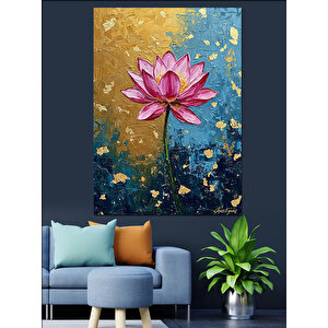 Çiçekli Lotus Mavi Desen Dekoratif Kanvas - Mdf Ahşap Tablo 25x35 cm