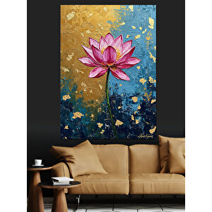 Çiçekli Lotus Mavi Desen Dekoratif Kanvas - Mdf Ahşap Tablo 25x35 cm