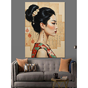 Geleneksel Çiçekli Kadın Portresi Dekoratif Kanvas - Mdf Ahşap Tablo 100x140 cm