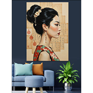 Geleneksel Çiçekli Kadın Portresi Dekoratif Kanvas - Mdf Ahşap Tablo 100x140 cm