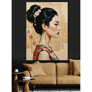 Geleneksel Çiçekli Kadın Portresi Dekoratif Kanvas - Mdf Ahşap Tablo 100x140 cm