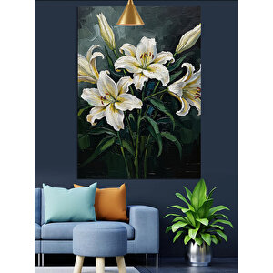 Beyaz Çiçekler Yapraklar Demeti Dekoratif Kanvas - Mdf Ahşap Tablo 70x100 cm