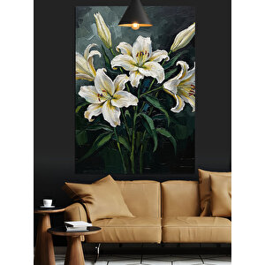Beyaz Çiçekler Yapraklar Demeti Dekoratif Kanvas - Mdf Ahşap Tablo 70x100 cm